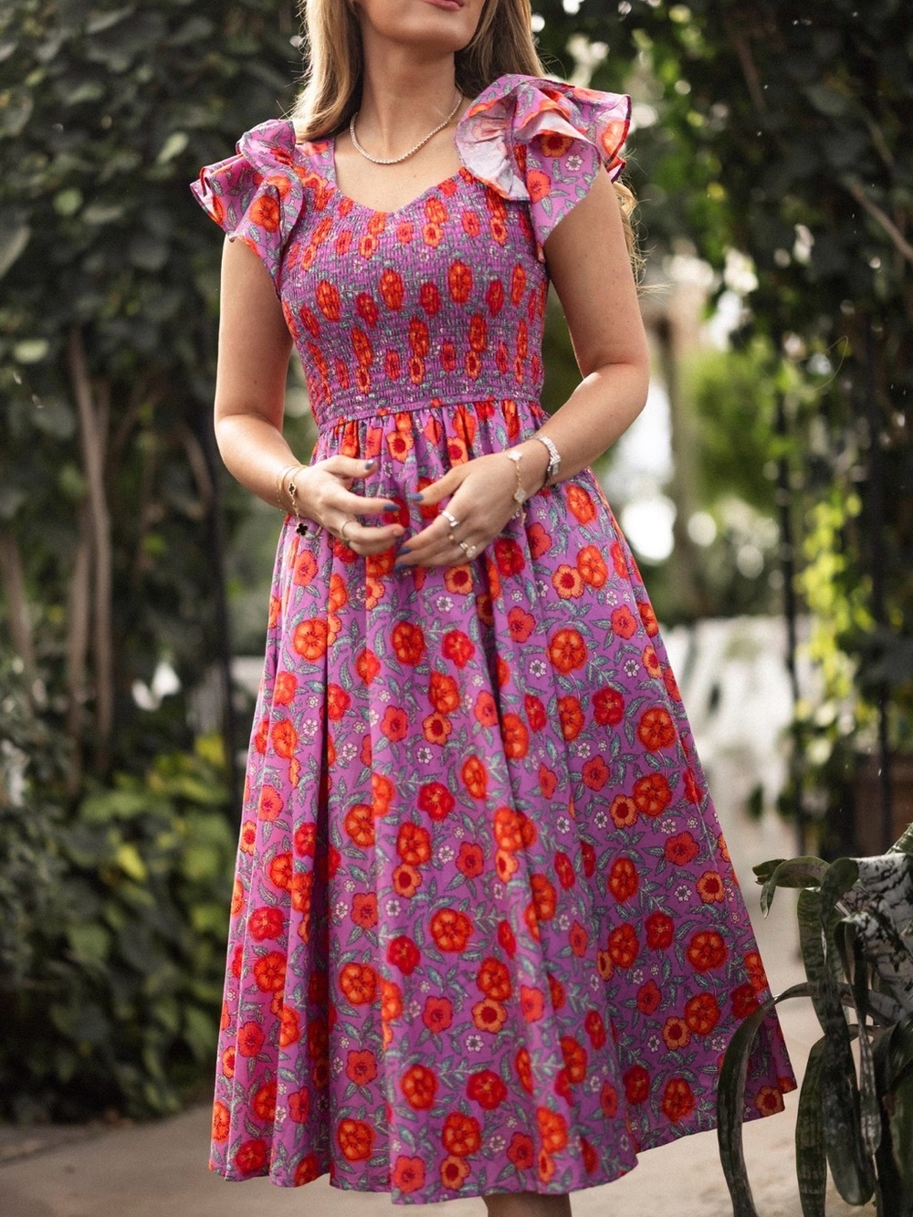 Ivy City Co Coral Floral Smocked Dress with Ruffle Sleeves - Picture 4 of 4